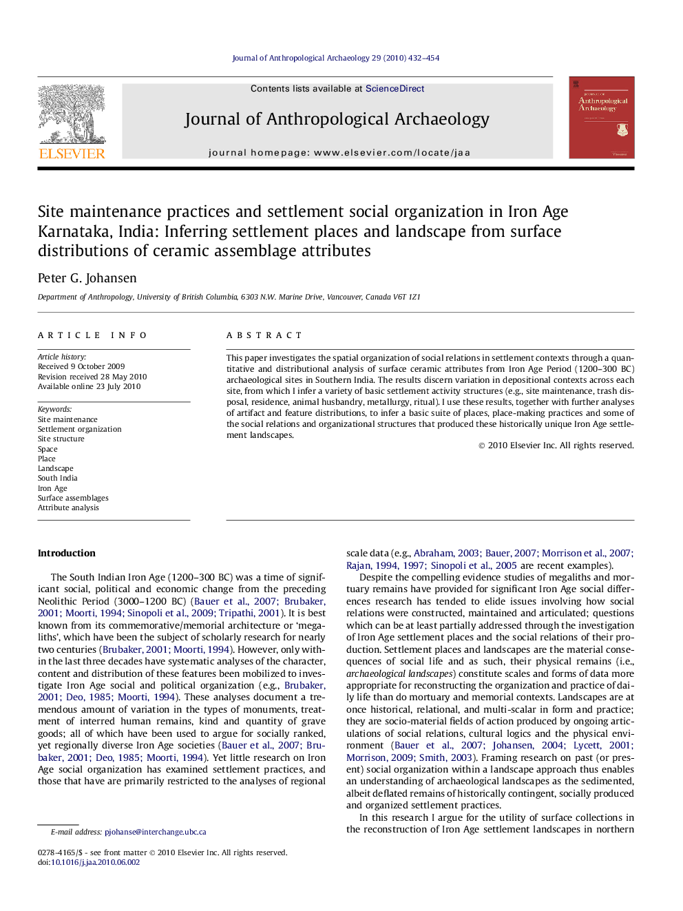 Site maintenance practices and settlement social organization in Iron Age Karnataka, India: Inferring settlement places and landscape from surface distributions of ceramic assemblage attributes