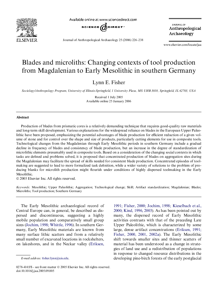 Blades and microliths: Changing contexts of tool production from Magdalenian to Early Mesolithic in southern Germany