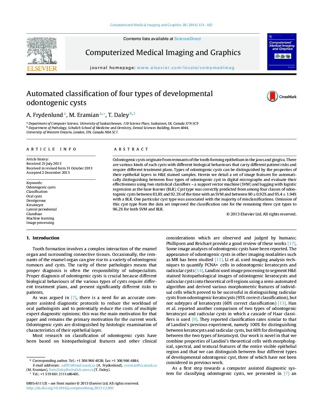 Automated classification of four types of developmental odontogenic cysts