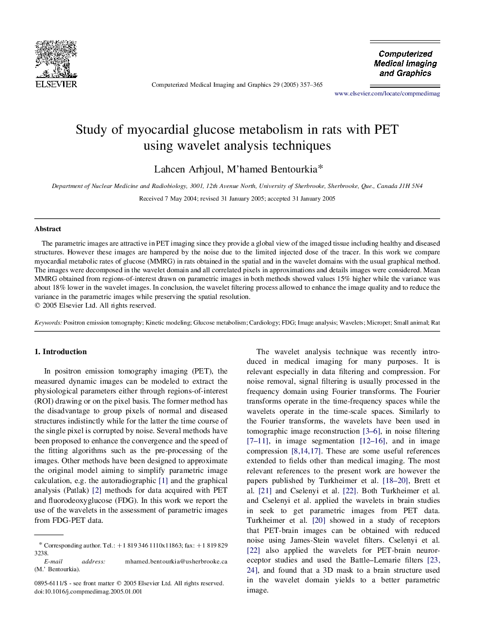 Study of myocardial glucose metabolism in rats with PET using wavelet analysis techniques