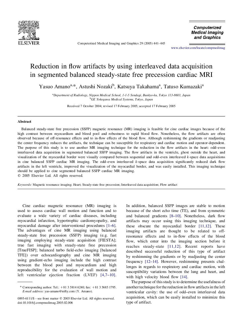 Reduction in flow artifacts by using interleaved data acquisition in segmented balanced steady-state free precession cardiac MRI