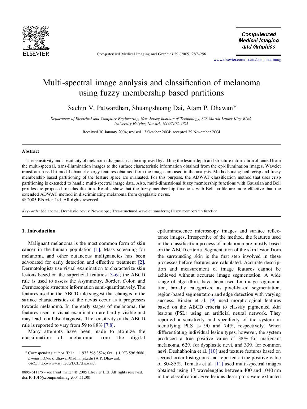 Multi-spectral image analysis and classification of melanoma using fuzzy membership based partitions