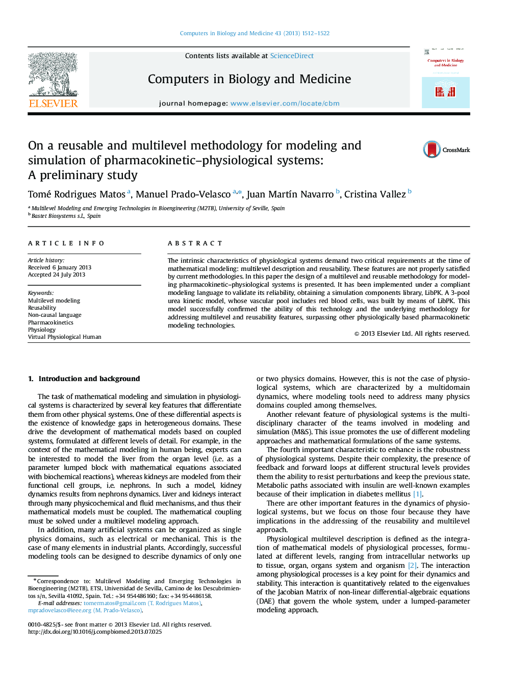 On a reusable and multilevel methodology for modeling and simulation of pharmacokinetic-physiological systems: A preliminary study