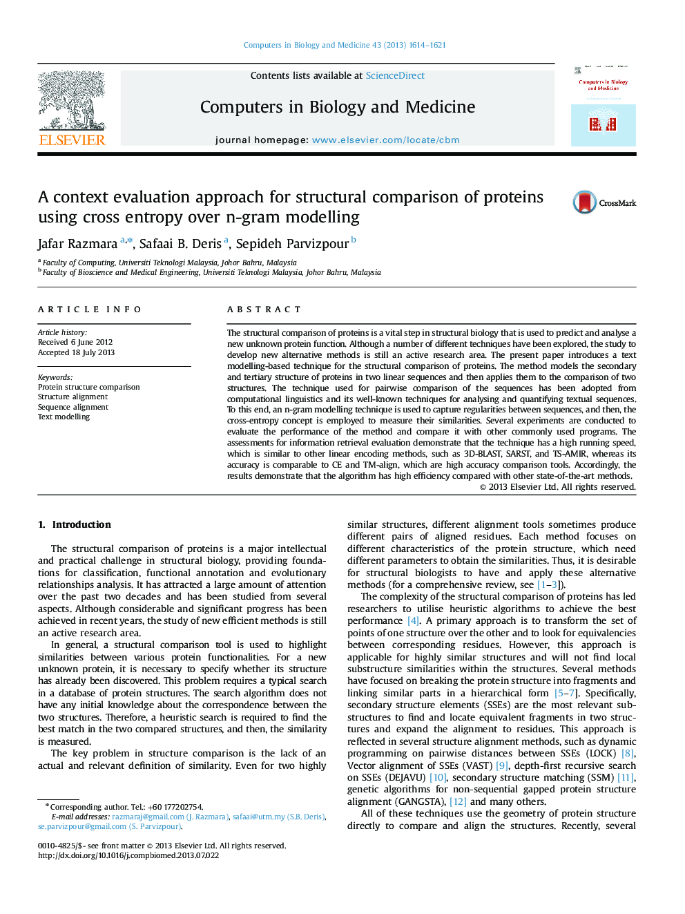 A context evaluation approach for structural comparison of proteins using cross entropy over n-gram modelling