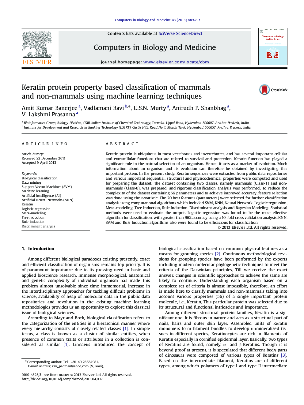 Keratin protein property based classification of mammals and non-mammals using machine learning techniques