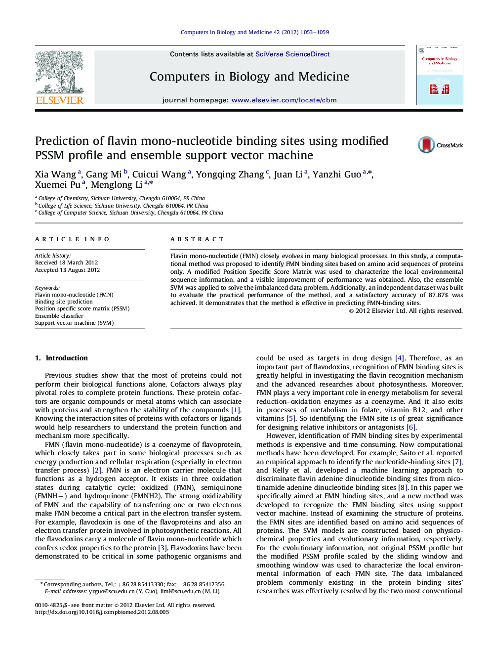 Prediction of flavin mono-nucleotide binding sites using modified PSSM profile and ensemble support vector machine