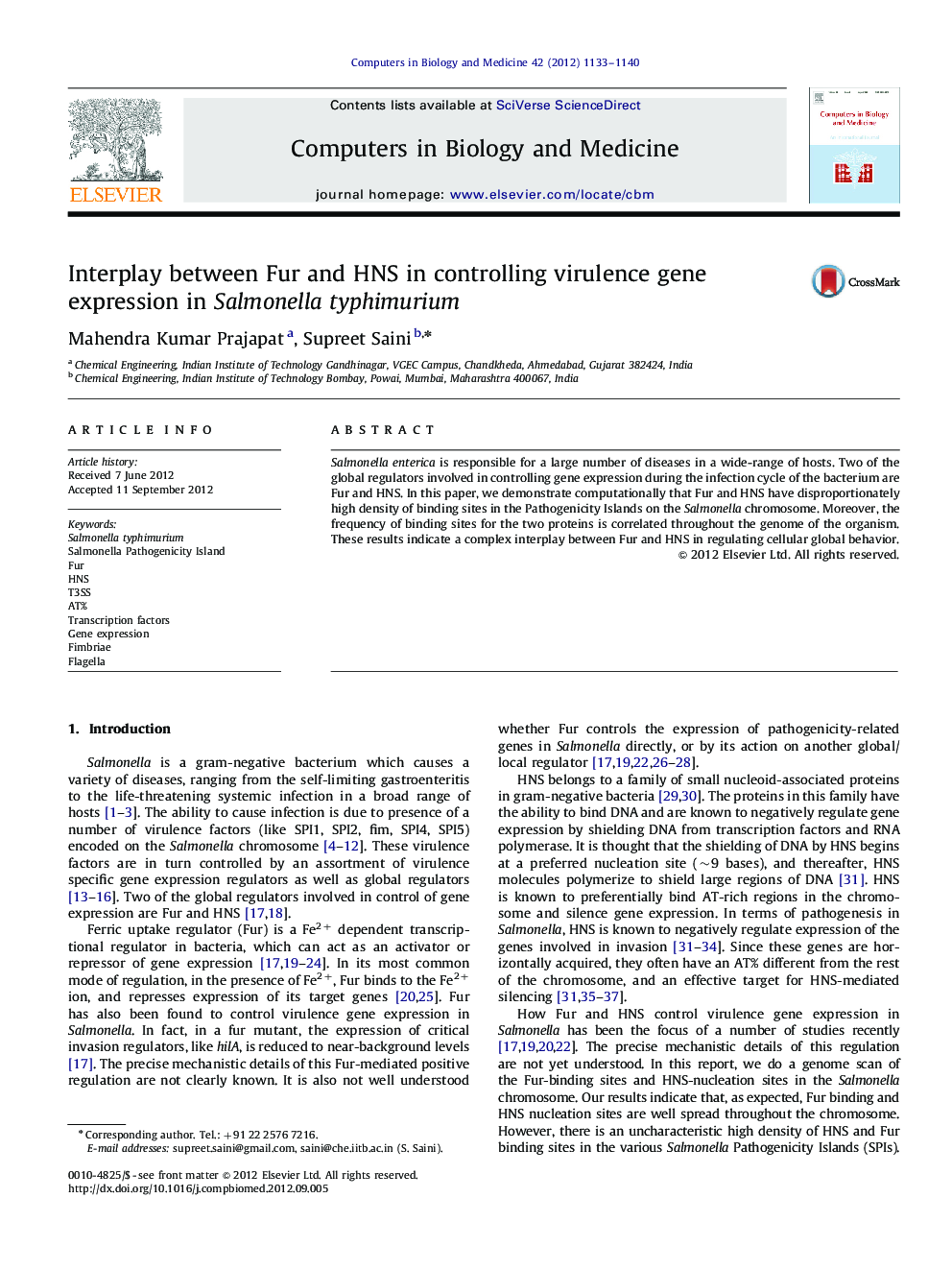 Interplay between Fur and HNS in controlling virulence gene expression in Salmonella typhimurium