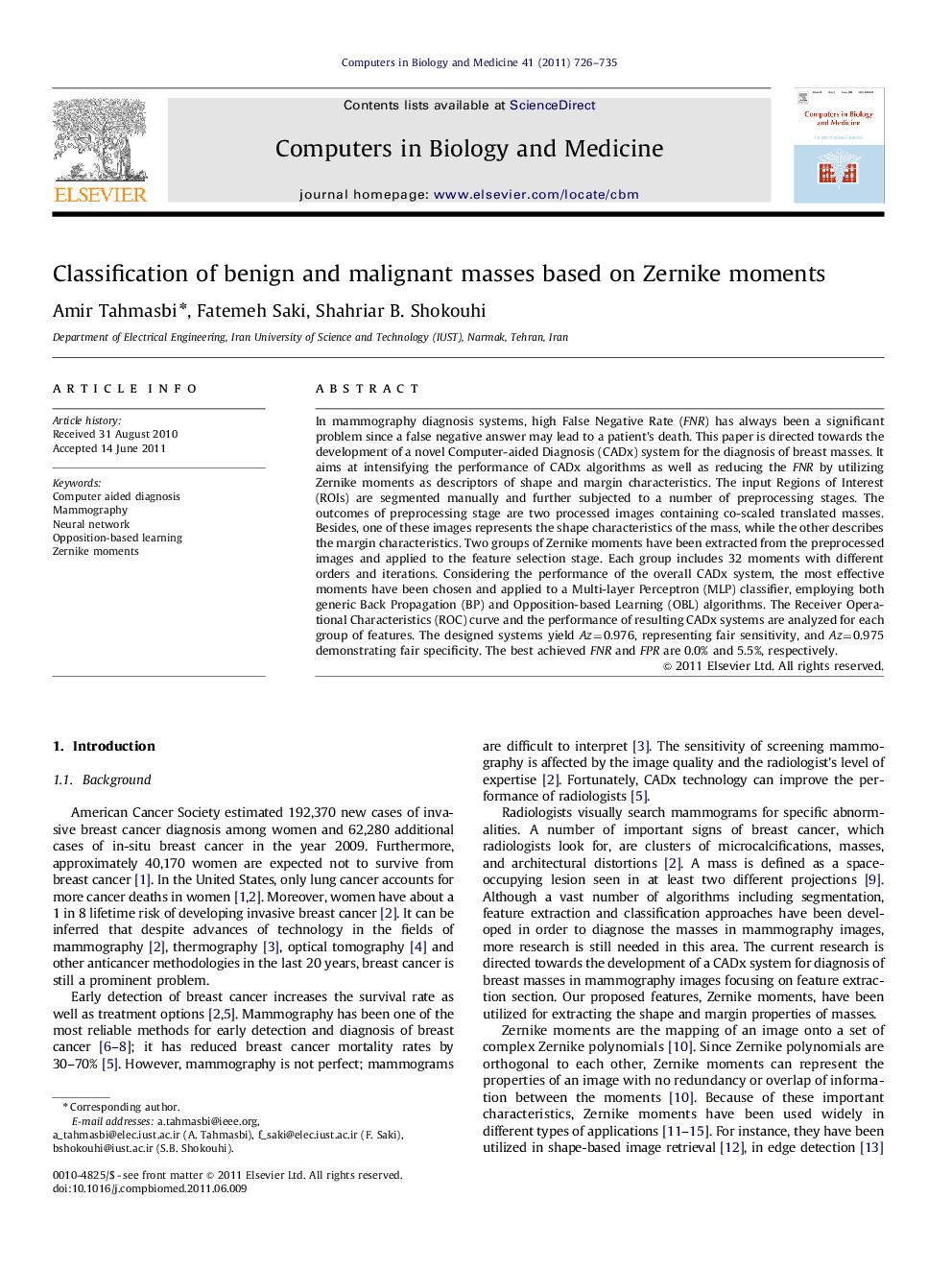 Classification of benign and malignant masses based on Zernike moments