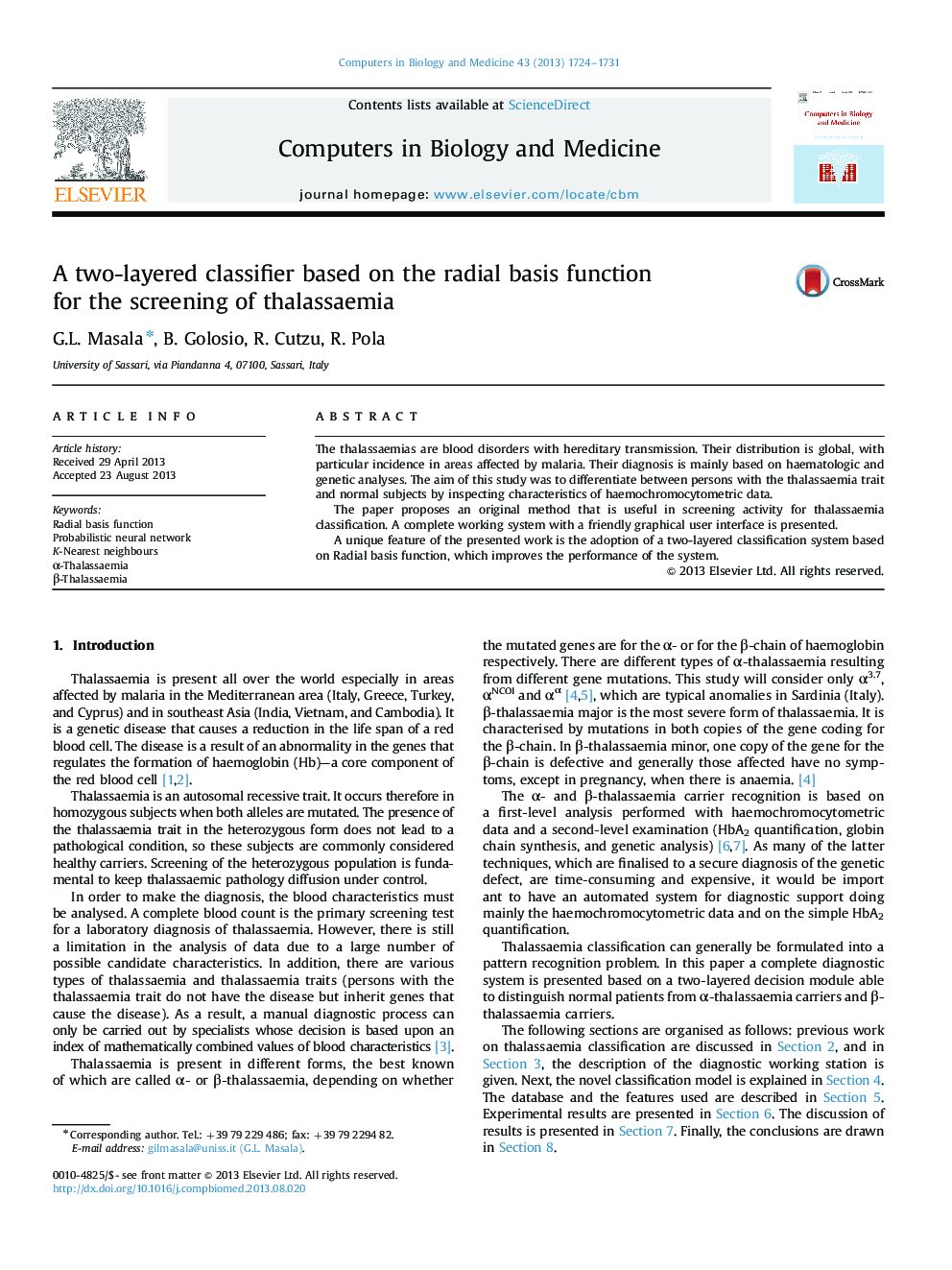 A two-layered classifier based on the radial basis function for the screening of thalassaemia