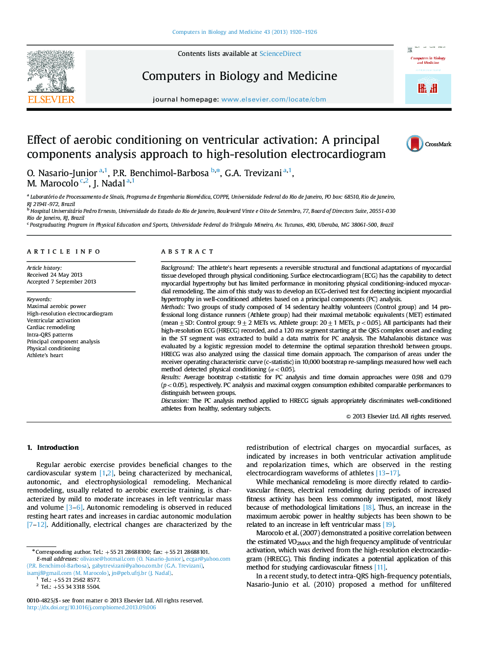 Effect of aerobic conditioning on ventricular activation: A principal components analysis approach to high-resolution electrocardiogram