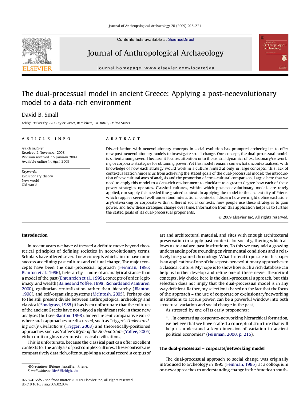 The dual-processual model in ancient Greece: Applying a post-neoevolutionary model to a data-rich environment