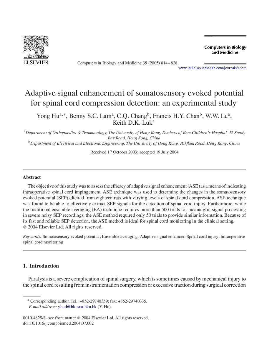 Adaptive signal enhancement of somatosensory evoked potential for spinal cord compression detection: an experimental study