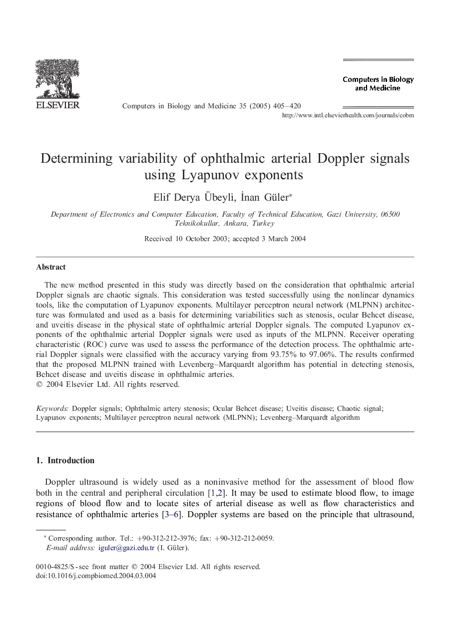 Determining variability of ophthalmic arterial Doppler signals using Lyapunov exponents