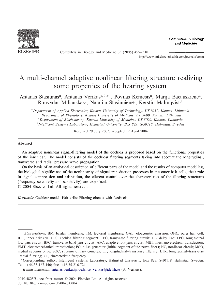 A multi-channel adaptive nonlinear filtering structure realizing some properties of the hearing system