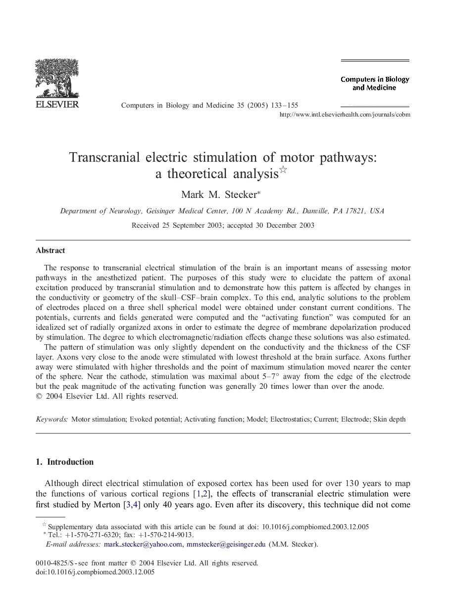 Transcranial electric stimulation of motor pathways: a theoretical analysis