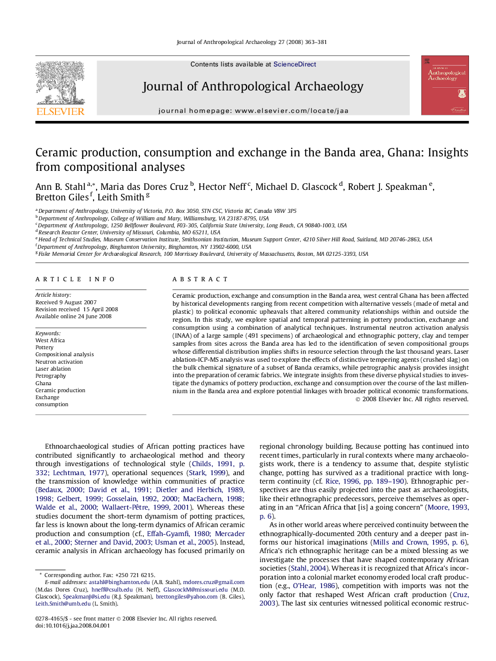 Ceramic production, consumption and exchange in the Banda area, Ghana: Insights from compositional analyses