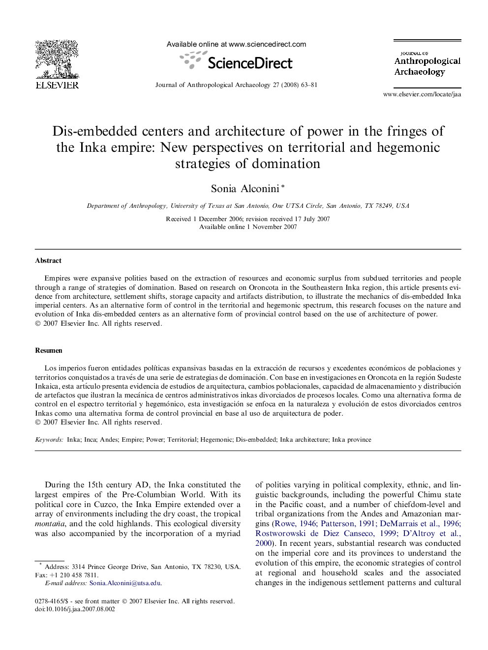 Dis-embedded centers and architecture of power in the fringes of the Inka empire: New perspectives on territorial and hegemonic strategies of domination