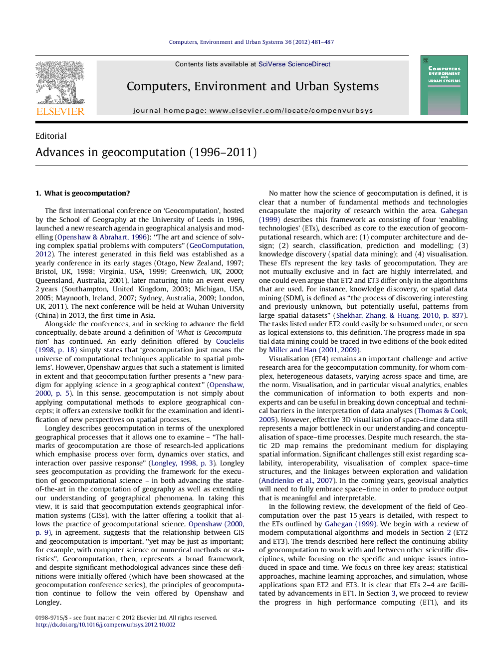 Advances in geocomputation (1996-2011)