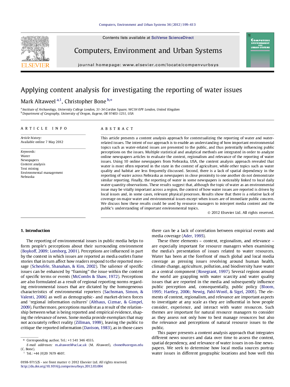 Applying content analysis for investigating the reporting of water issues