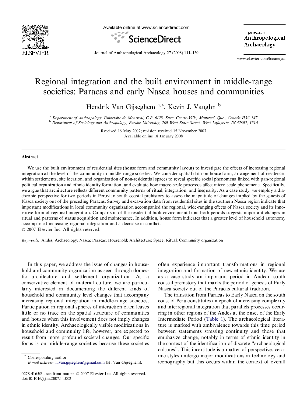 Regional integration and the built environment in middle-range societies: Paracas and early Nasca houses and communities