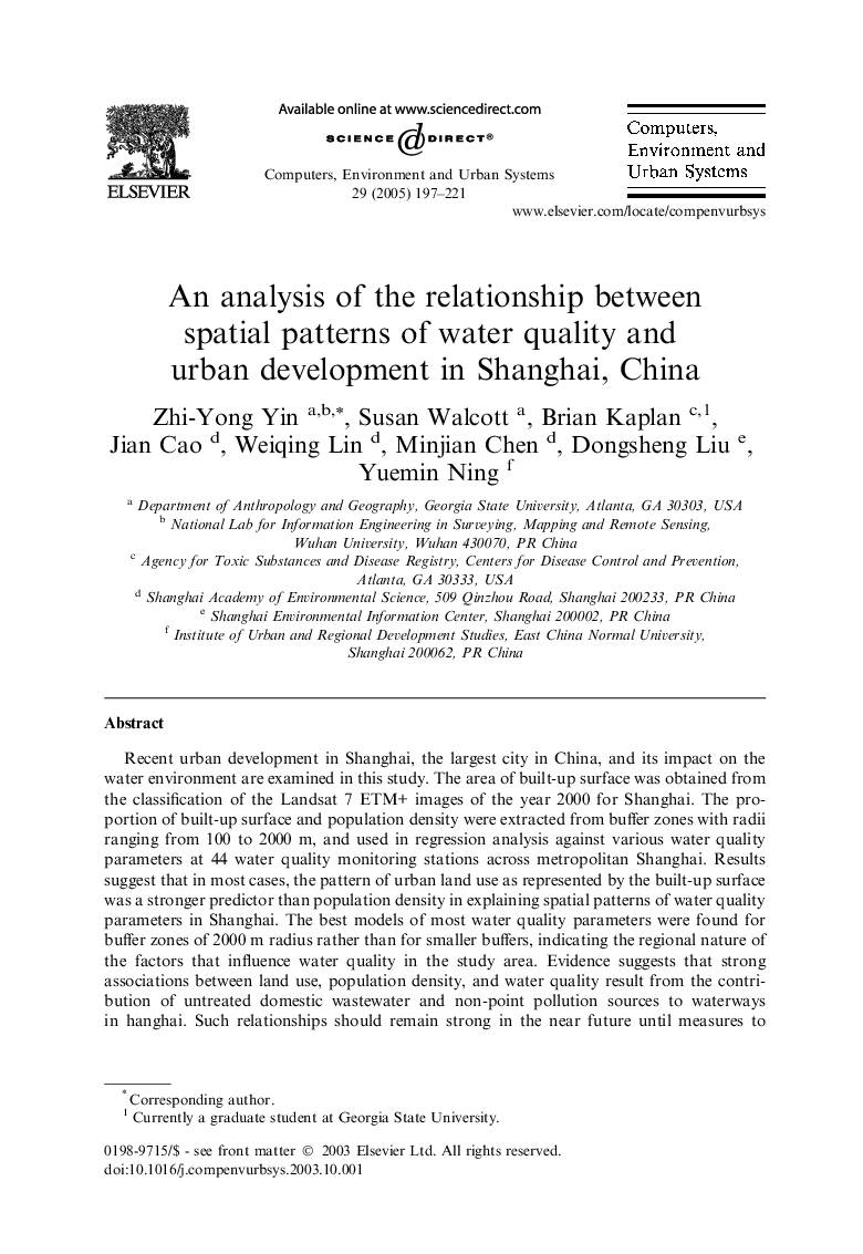 An analysis of the relationship between spatial patterns of water quality and urban development in Shanghai, China
