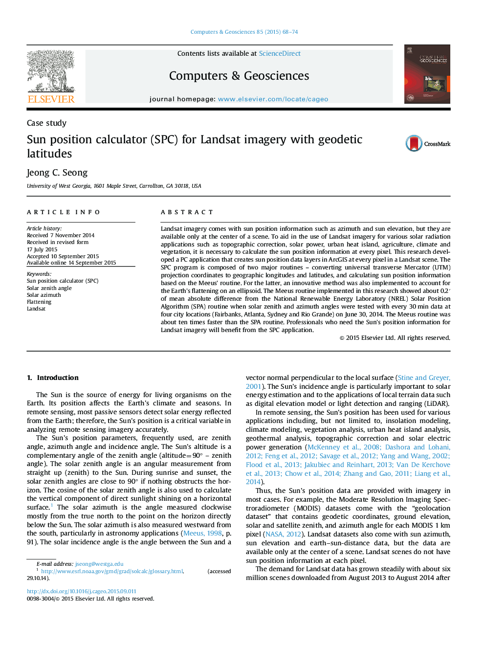 Sun position calculator (SPC) for Landsat imagery with geodetic latitudes