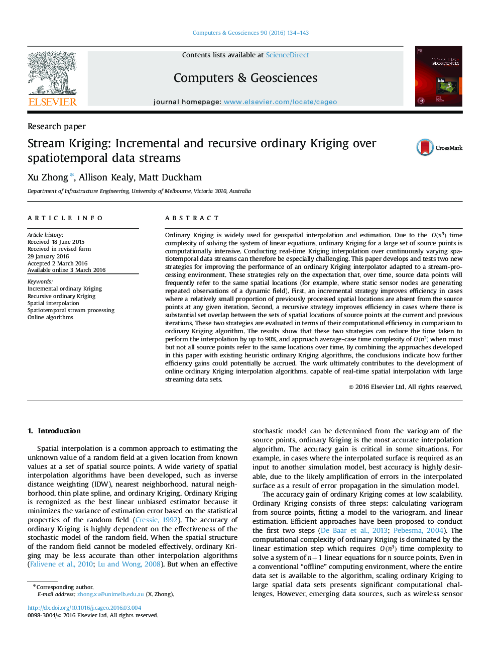 Stream Kriging: Incremental and recursive ordinary Kriging over spatiotemporal data streams