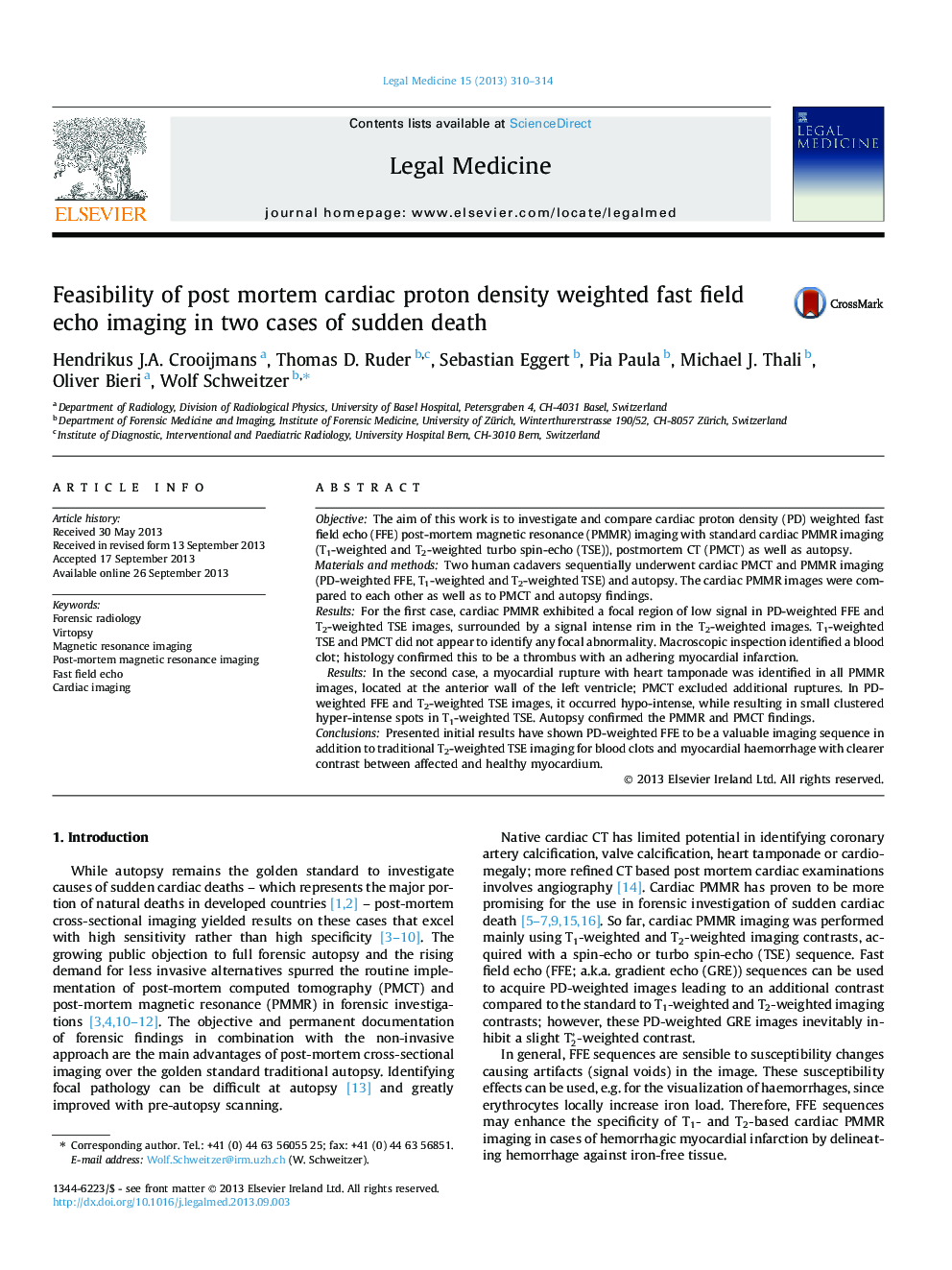 Feasibility of post mortem cardiac proton density weighted fast field echo imaging in two cases of sudden death