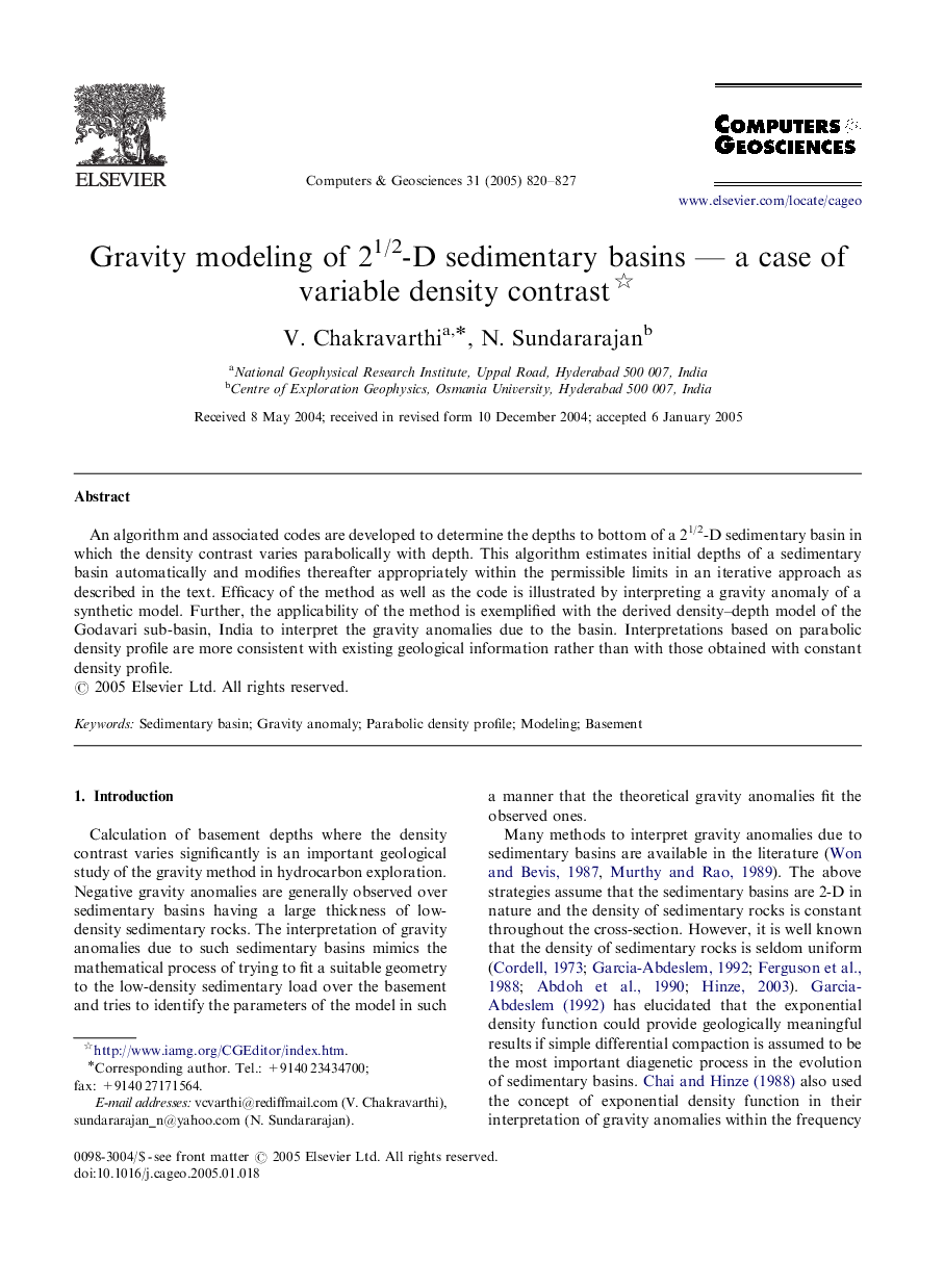 Gravity modeling of 21/2-D sedimentary basins - a case of variable density contrast