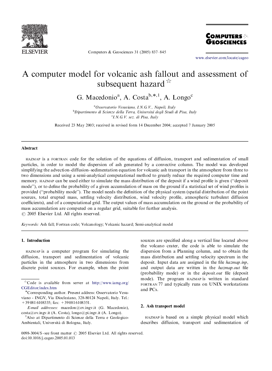 A computer model for volcanic ash fallout and assessment of subsequent hazard