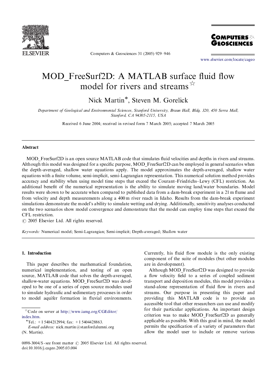 MOD_FreeSurf2D: A MATLAB surface fluid flow model for rivers and streams