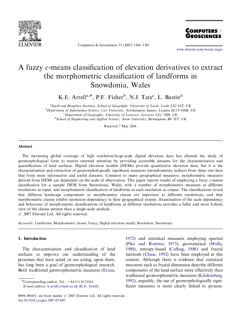 A fuzzy c-means classification of elevation derivatives to extract the morphometric classification of landforms in Snowdonia, Wales