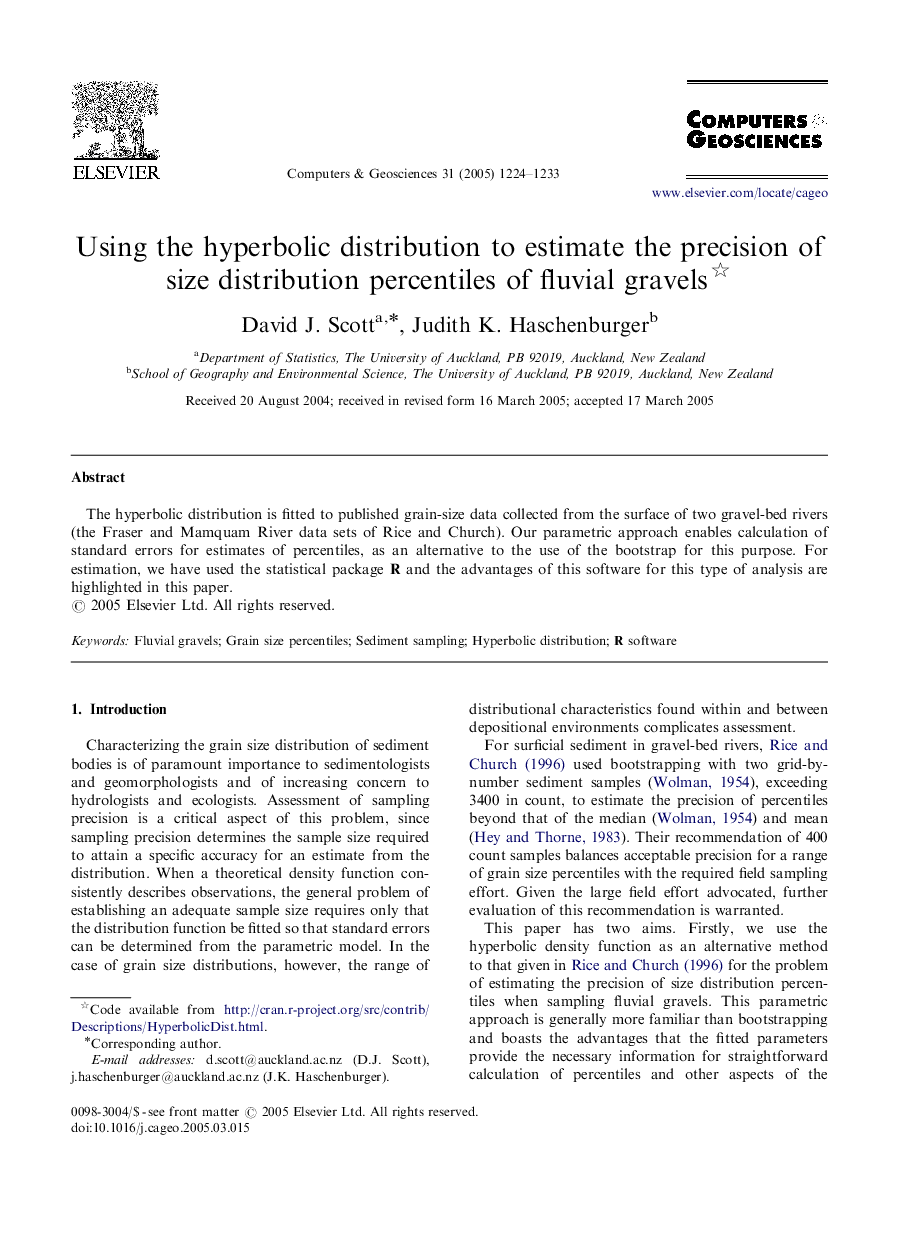 Using the hyperbolic distribution to estimate the precision of size distribution percentiles of fluvial gravels