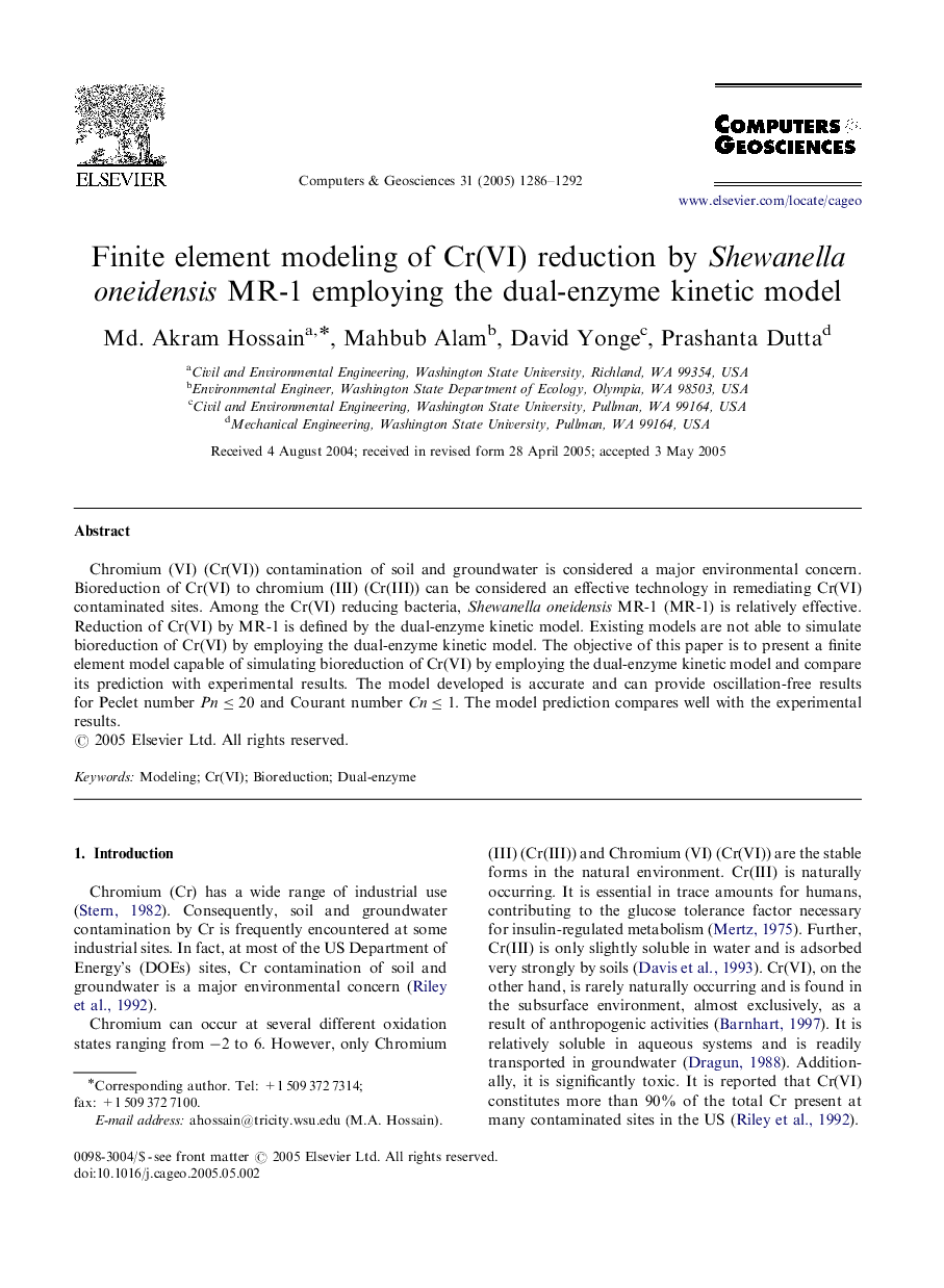 Finite element modeling of Cr(VI) reduction by Shewanella oneidensis MR-1 employing the dual-enzyme kinetic model