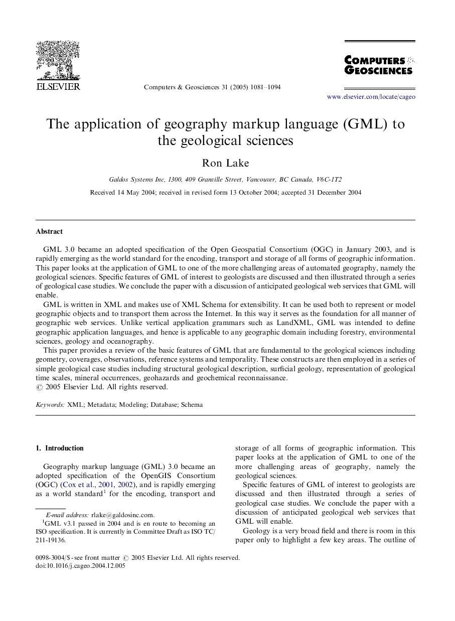 The application of geography markup language (GML) to the geological sciences