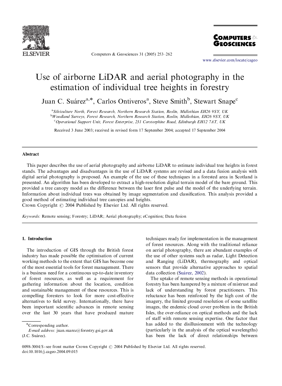 Use of airborne LiDAR and aerial photography in the estimation of individual tree heights in forestry