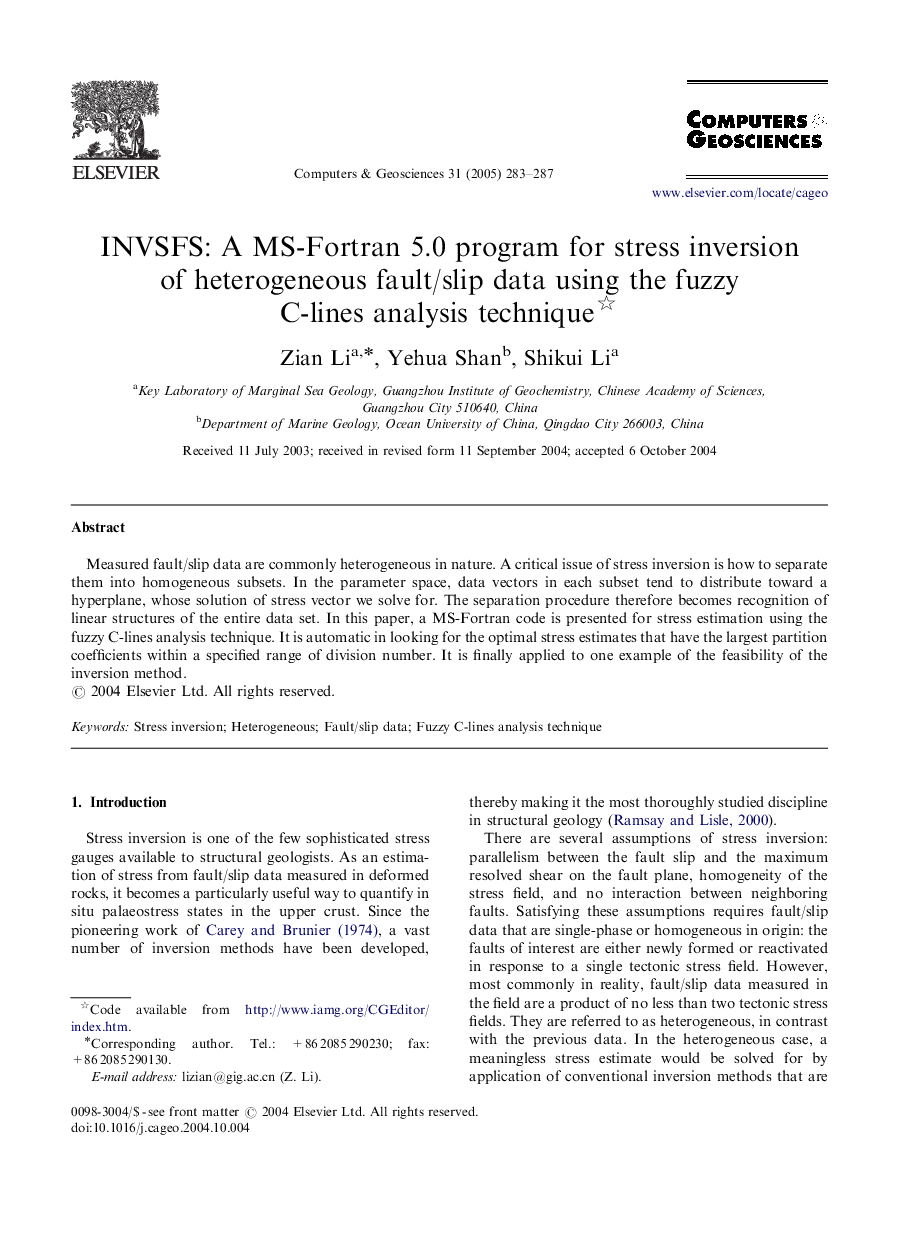 INVSFS: A MS-Fortran 5.0 program for stress inversion of heterogeneous fault/slip data using the fuzzy C-lines analysis technique