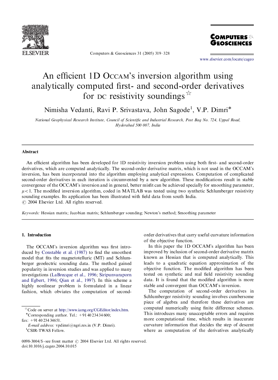 An efficient 1D OCCAM'S inversion algorithm using analytically computed first- and second-order derivatives for dc resistivity soundings