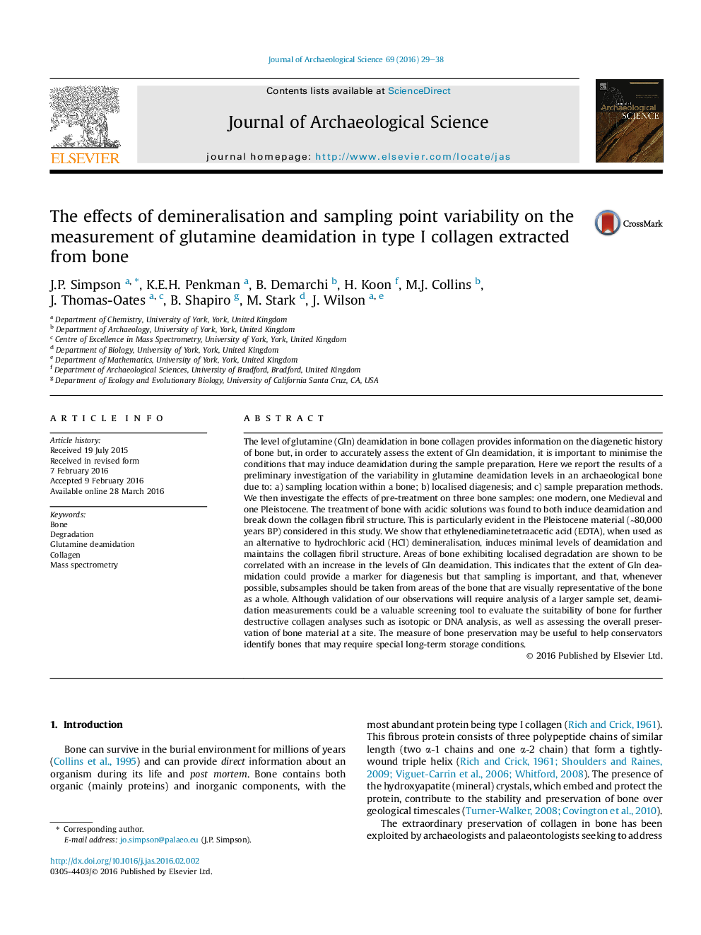 The effects of demineralisation and sampling point variability on the measurement of glutamine deamidation in type I collagen extracted from bone