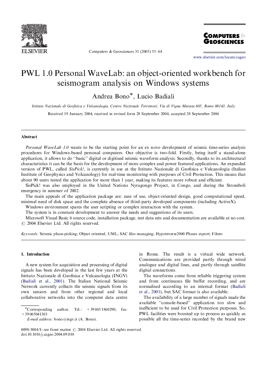 PWL 1.0 Personal WaveLab: an object-oriented workbench for seismogram analysis on Windows systems