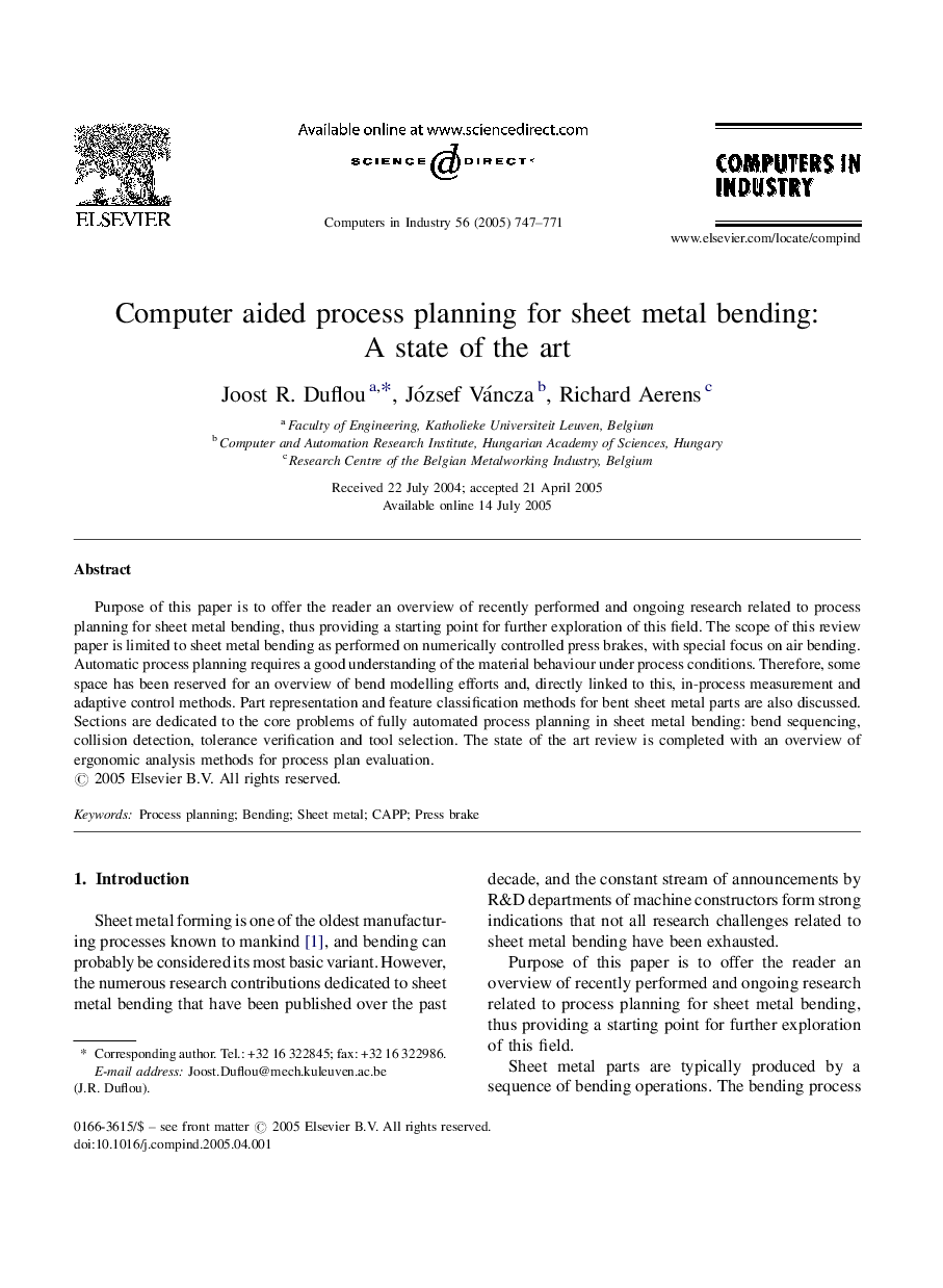 Computer aided process planning for sheet metal bending: A state of the art