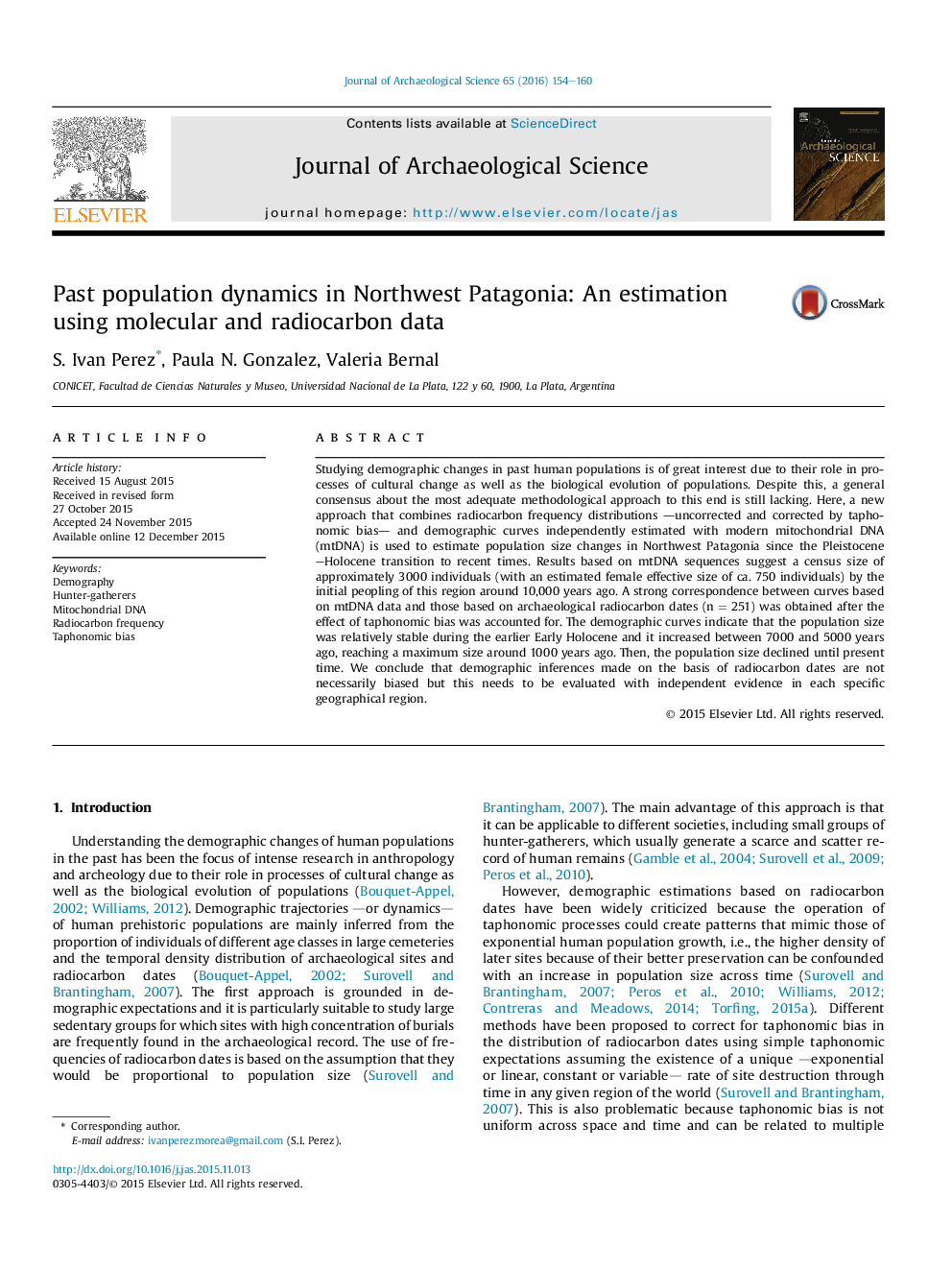 Past population dynamics in Northwest Patagonia: An estimation using molecular and radiocarbon data