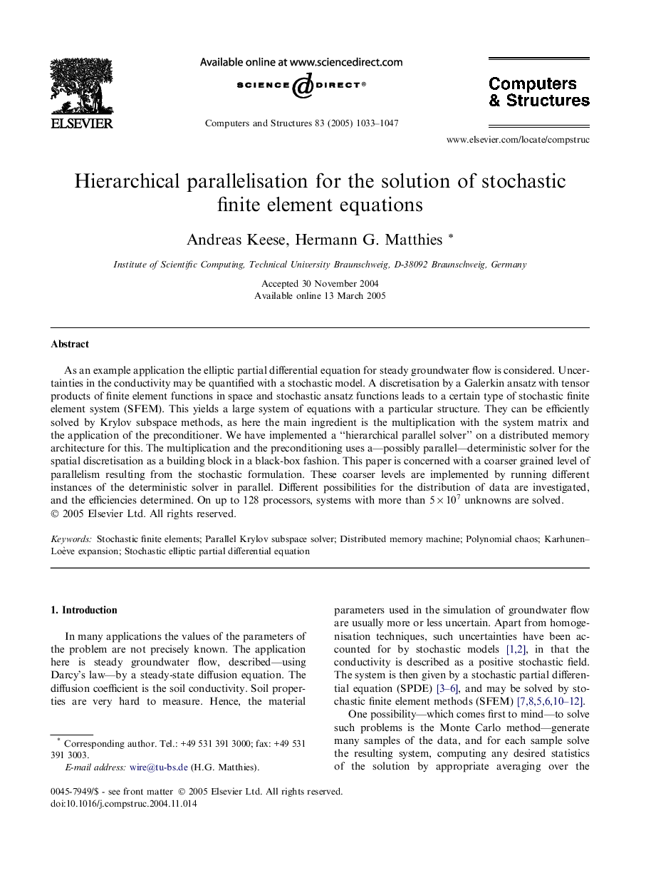 Hierarchical parallelisation for the solution of stochastic finite element equations