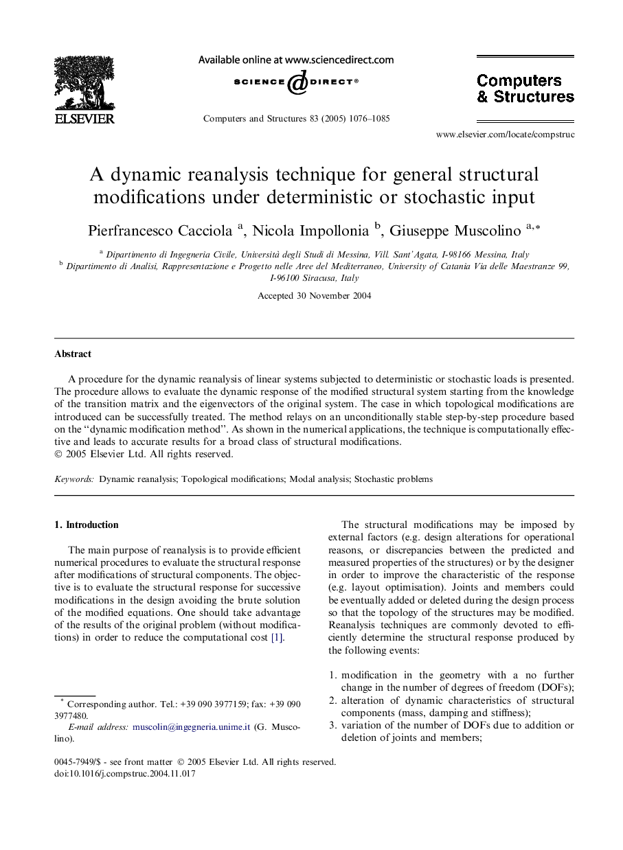 A dynamic reanalysis technique for general structural modifications under deterministic or stochastic input