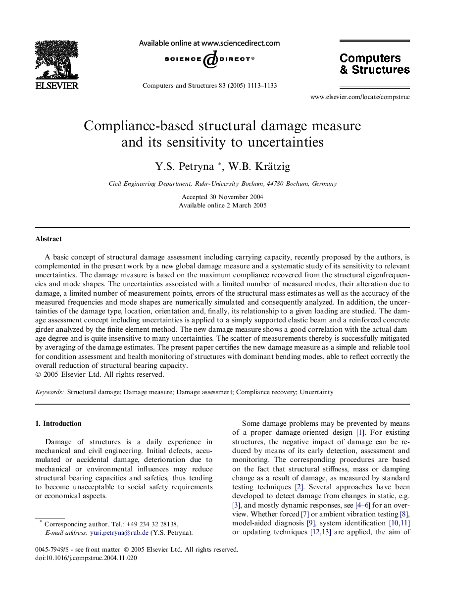 Compliance-based structural damage measure and its sensitivity to uncertainties