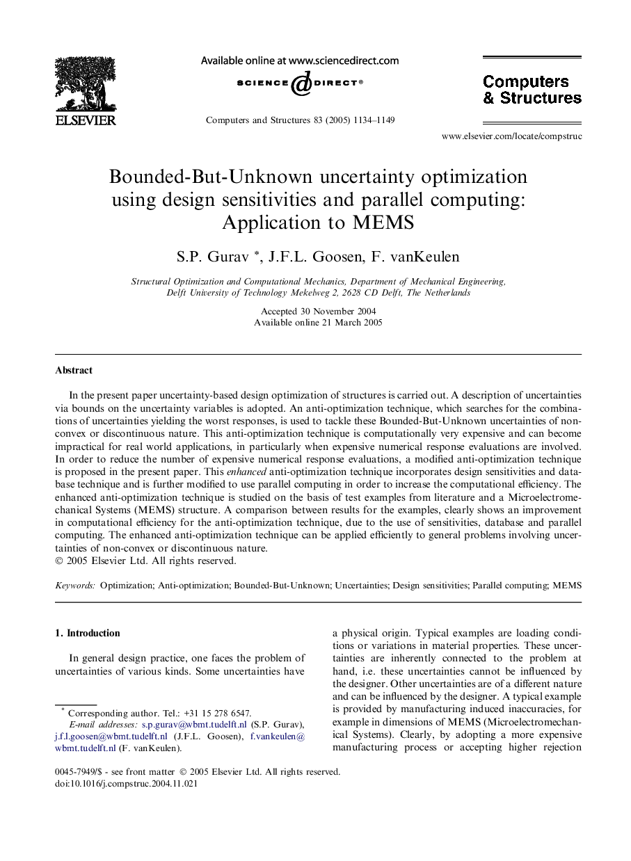 Bounded-But-Unknown uncertainty optimization using design sensitivities and parallel computing: Application to MEMS