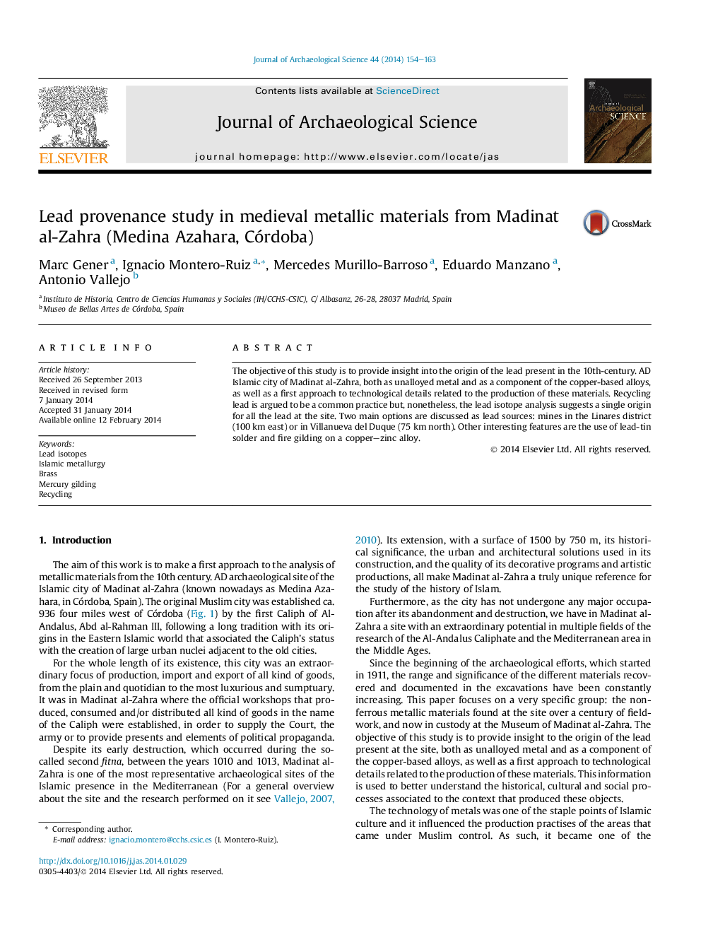 Lead provenance study in medieval metallic materials from Madinat al-Zahra (Medina Azahara, Córdoba)