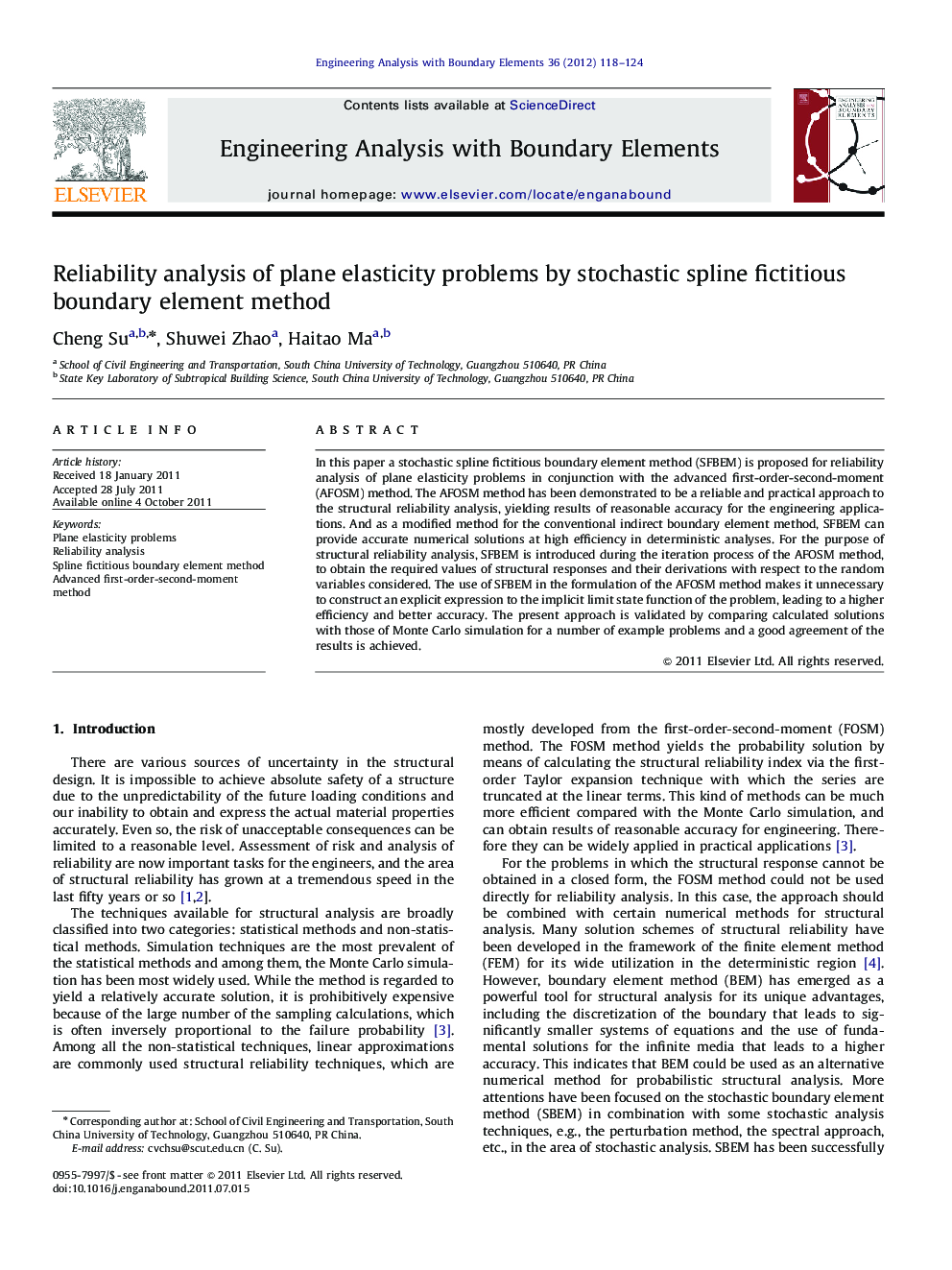 Reliability analysis of plane elasticity problems by stochastic spline fictitious boundary element method