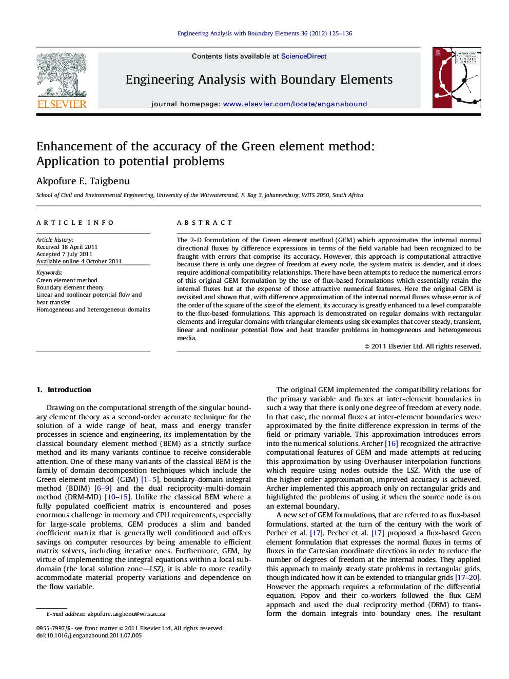 Enhancement of the accuracy of the Green element method: Application to potential problems