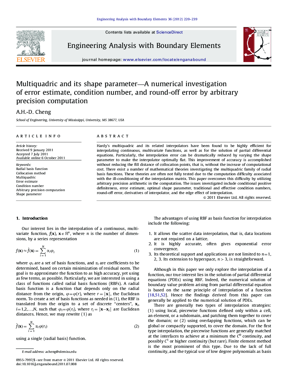 Multiquadric and its shape parameter-A numerical investigation of error estimate, condition number, and round-off error by arbitrary precision computation